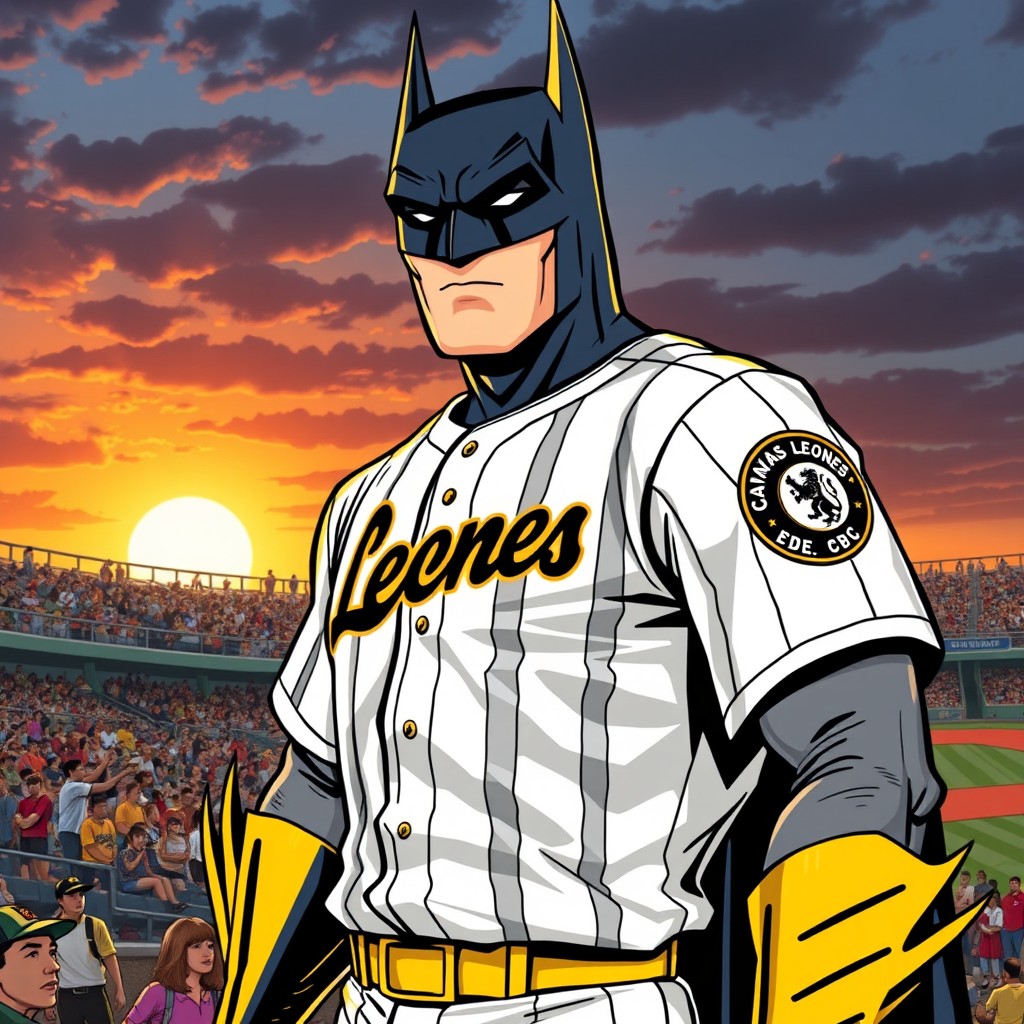 A vintage comic style illustration of Batman standing confidently in a baseball stadium