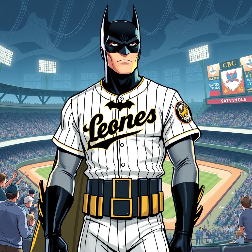 A modern yet vintage professional comic style illustration of Batman standing in a baseball stadium
