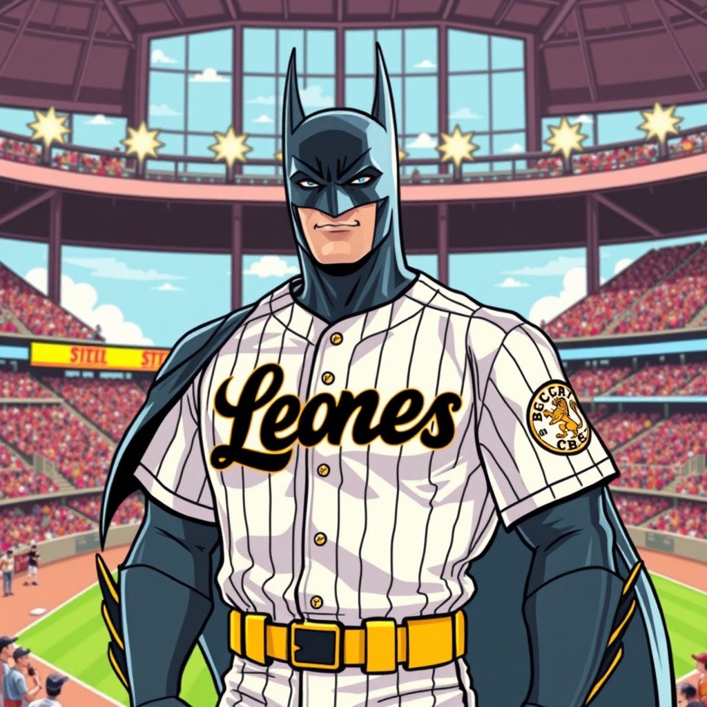 An illustration in vintage comic style inspired by the aesthetic of the Spider-Verse, featuring Batman in a baseball stadium