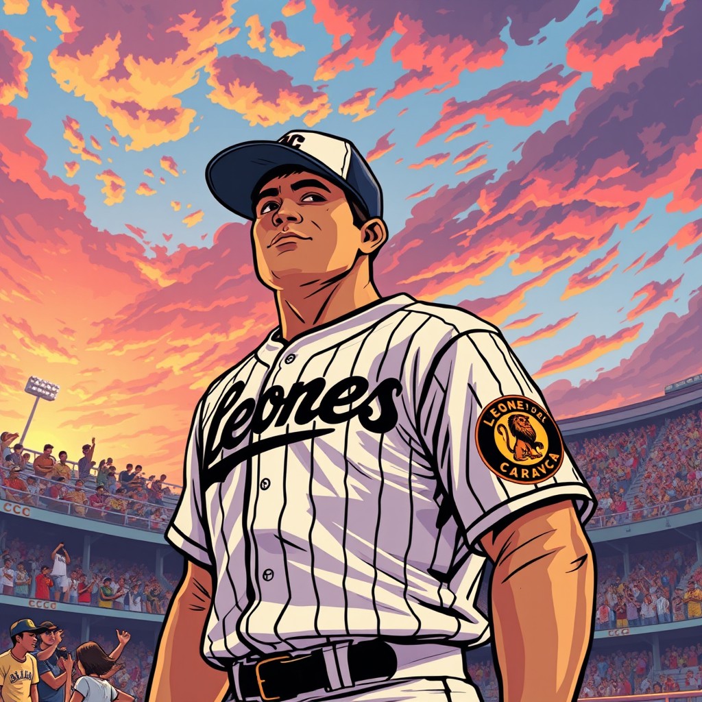 A vintage comic book style illustration depicting a baseball stadium scene