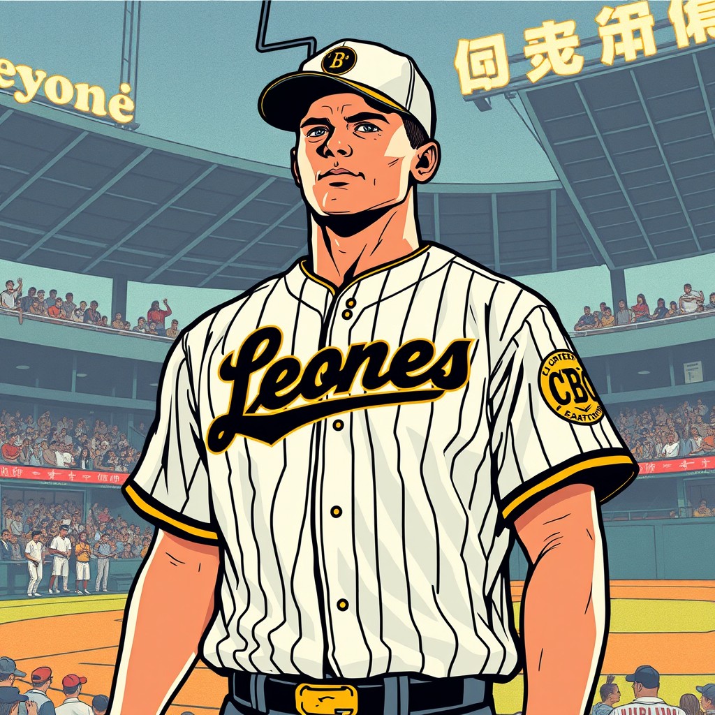 Vintage Comic Style Baseball Stadium Artwork | Leones Jersey & Retro Vibe