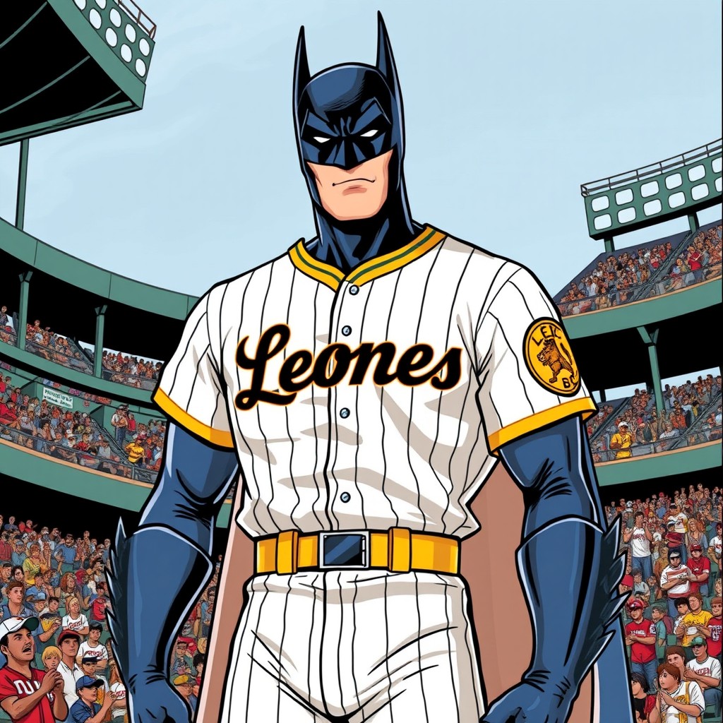 A vintage comic style illustration of Batman standing confidently in a baseball stadium