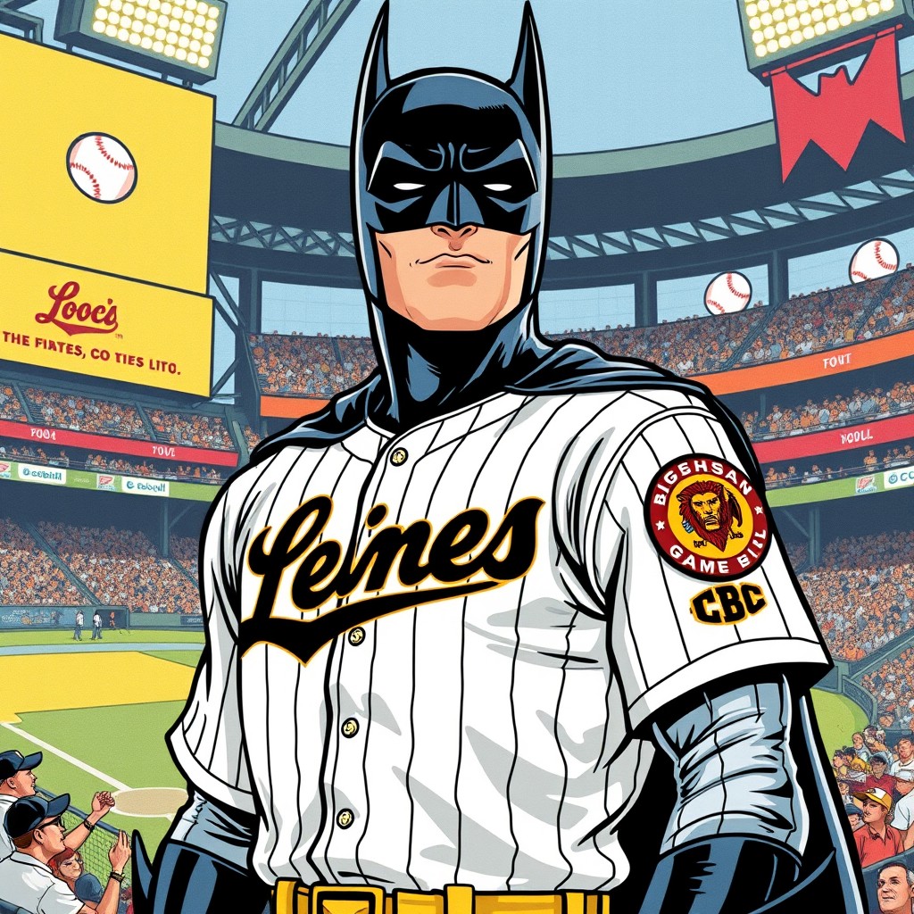 A vintage comic book style illustration of Batman standing in a baseball stadium