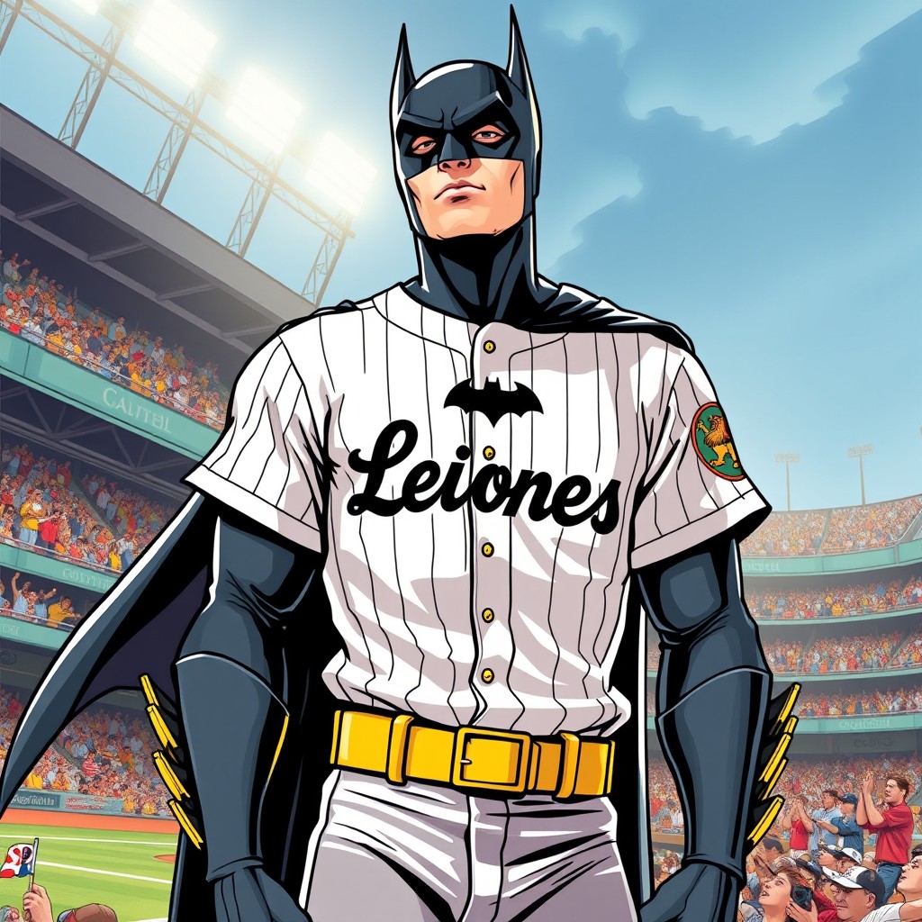 A vintage comic book style illustration of Batman standing in a baseball stadium