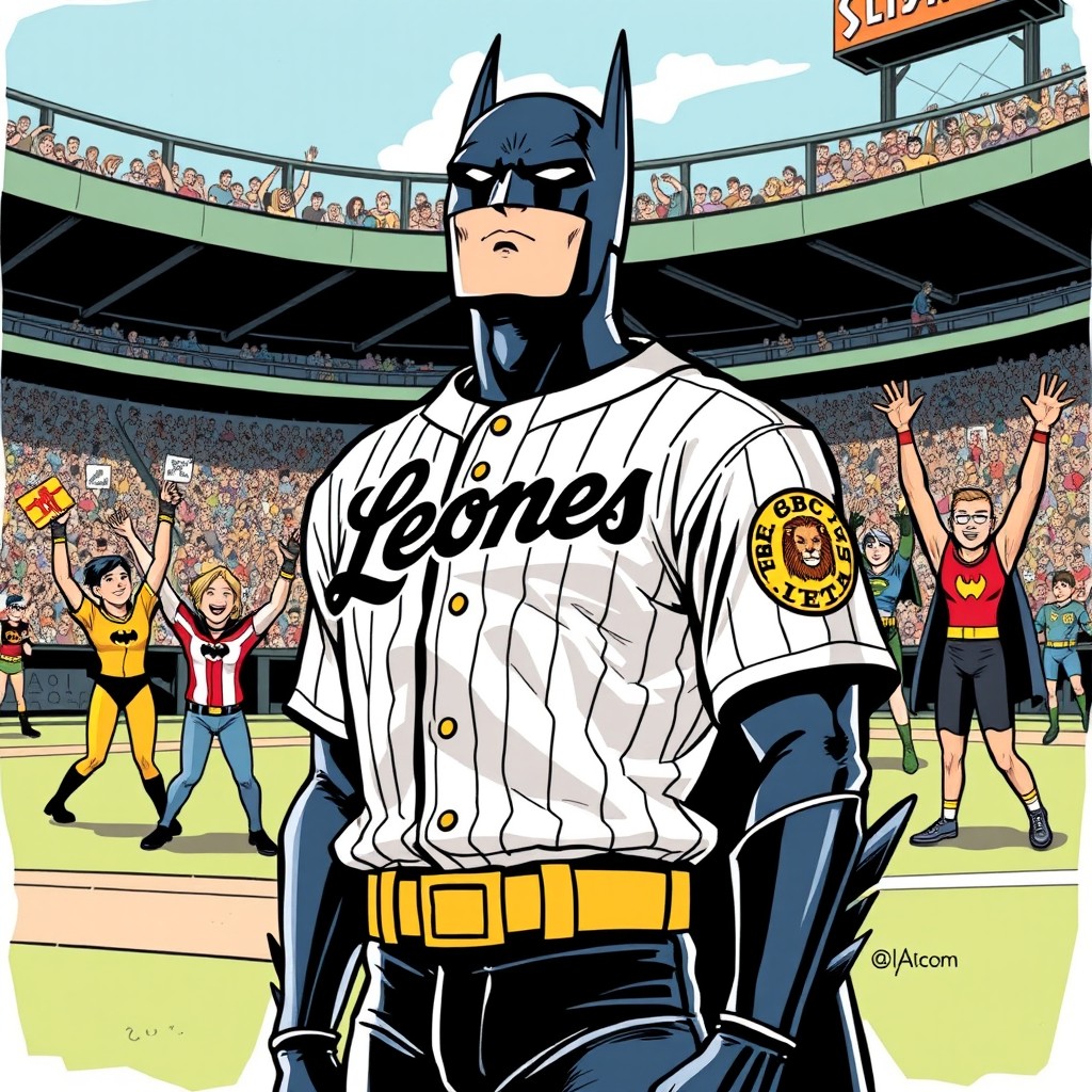 A vintage comic style illustration of Batman standing in a baseball stadium, wearing a white baseball jersey with black stripes that says "Leones" in black on the chest, featuring yellow details, and a round patch of a lion with the letters "CBC" on the sleeve