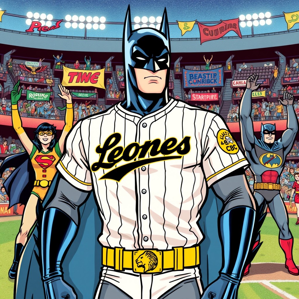 A vintage comic style illustration of Batman standing proudly in a baseball stadium wearing a white baseball jersey with black stripes that reads 'Leones' in bold black letters across the chest, featuring yellow accents and a round patch on the sleeve with a lion and the letters 'CBC'