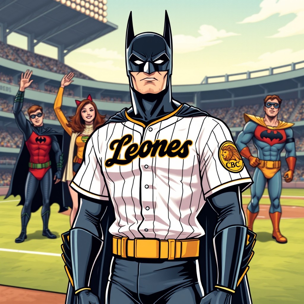 A vintage comic style illustration of Batman standing in a baseball stadium, wearing a white baseball jersey with black stripes featuring 'Leones' in black text across the chest, and yellow detailing