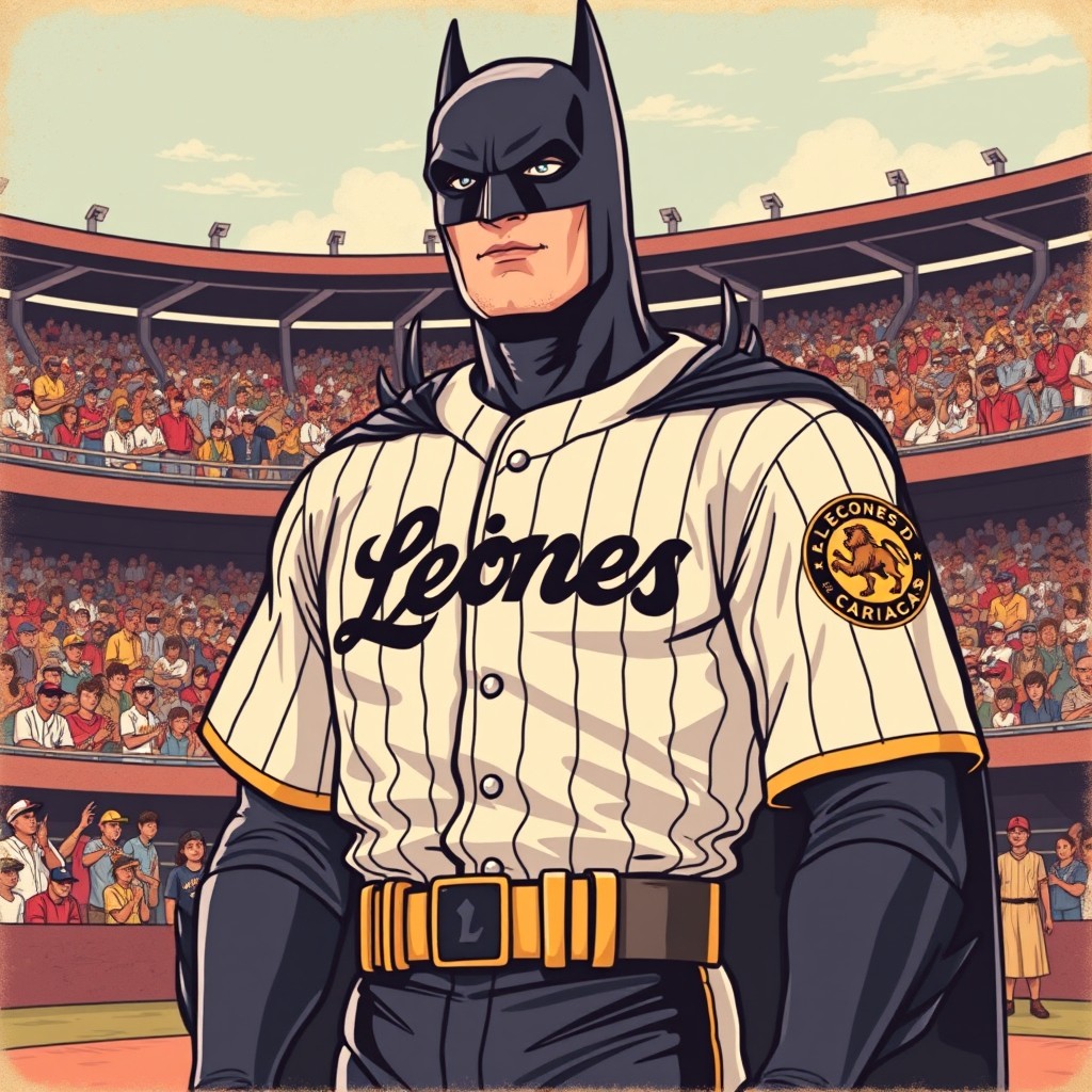 A vintage comic style illustration of Batman standing in a baseball stadium, wearing a baseball jersey of the Leones del Caracas team