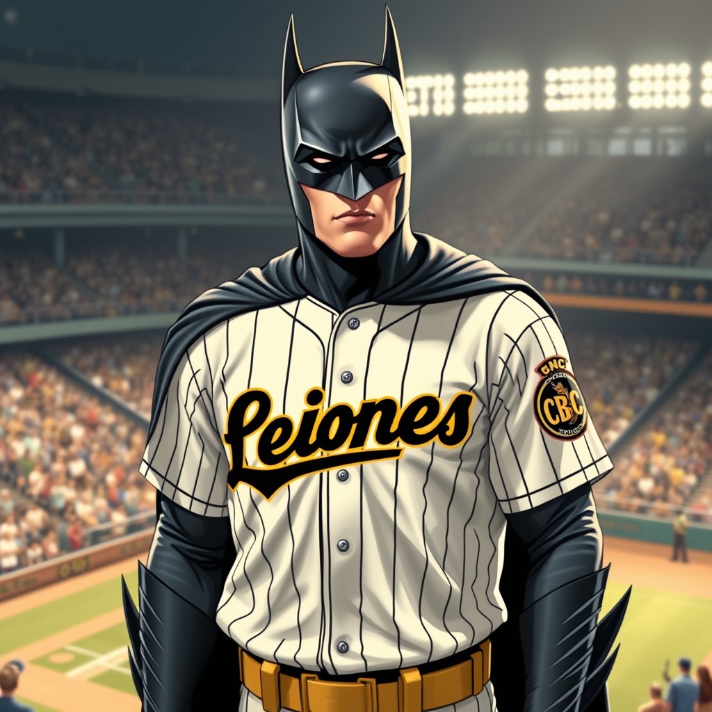 A professional vintage comic style image of Batman standing in a baseball stadium wearing a white baseball jersey with black stripes, emblazoned with 'Leones' in bold black letters on the chest, accented with yellow details