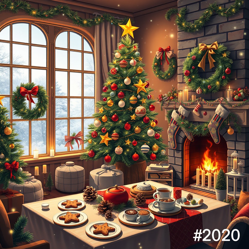 A cozy Christmas scene from December 2020, featuring a beautifully decorated Christmas tree adorned with twinkling lights, colorful ornaments, and a star on top