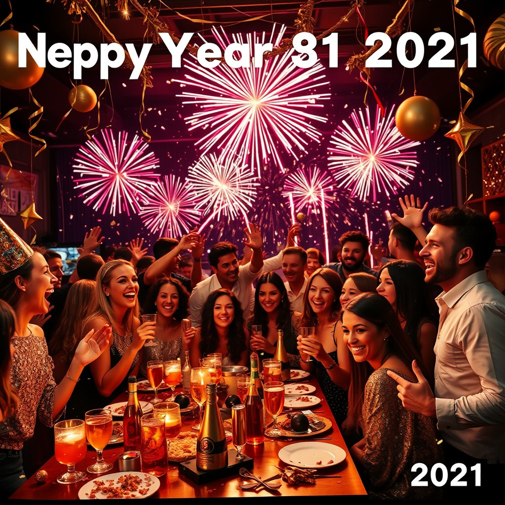 A vibrant New Year’s Eve celebration scene from December 31, 2021, depicting a lively party filled with people dressed in festive attire, enjoying a countdown to midnight
