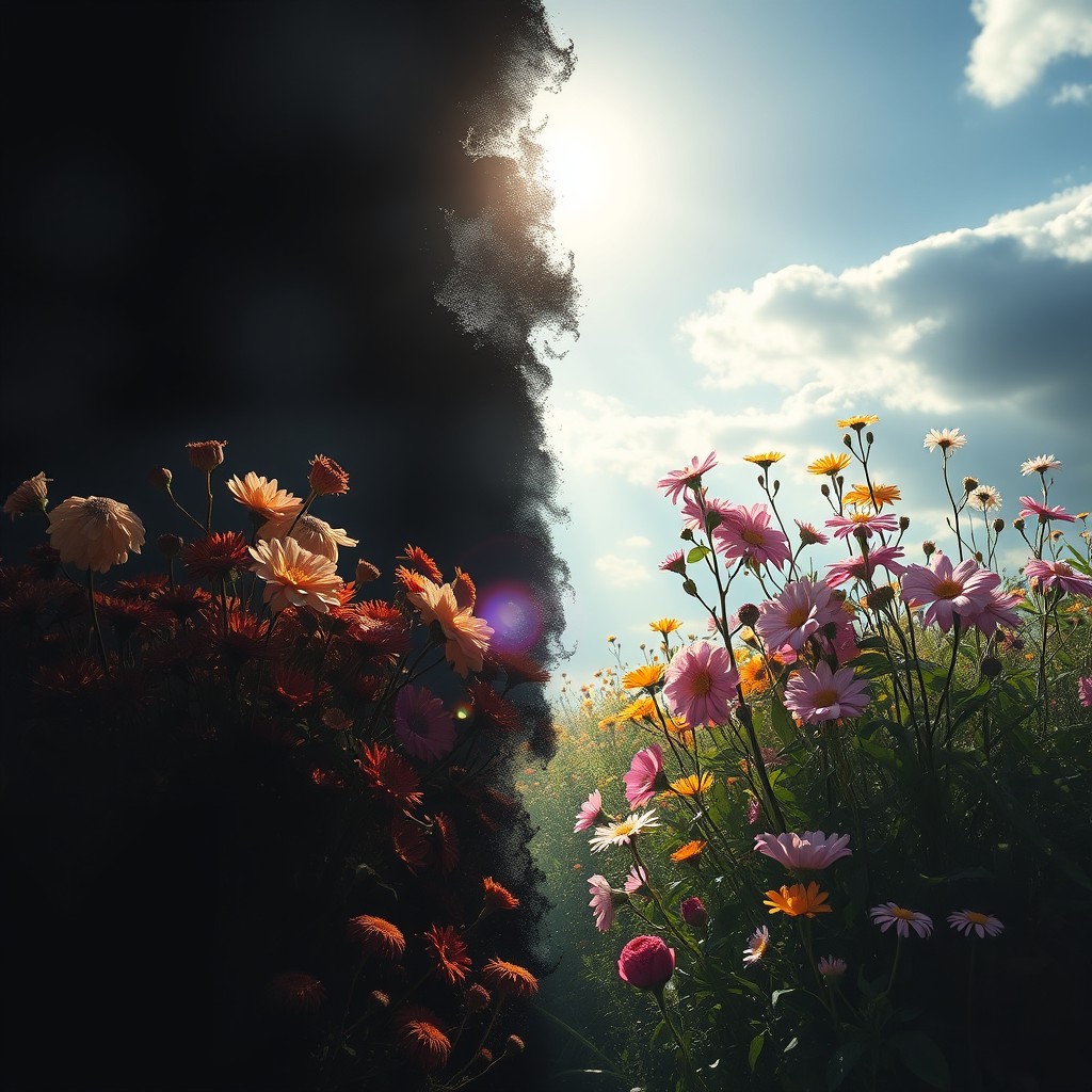 A visual representation of transformation symbolizing change, depicting a surreal scene where one half shows the themes of endings and loss, with dark, shadowy elements like wilted flowers and fading light, while the other half is vibrant and full of life, representing new beginnings and hope, featuring blooming flowers, bright sunlight, and a clear sky