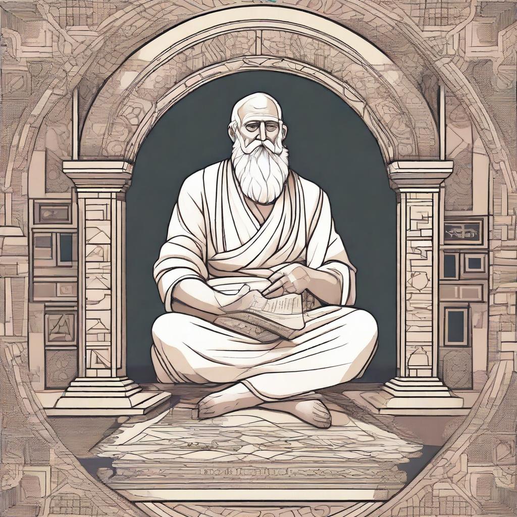 An animated-style representation of Archimedes sitting casually on the floor, amidst intricate geometric designs.