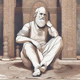 An animated-style representation of Archimedes sitting casually on the floor, amidst intricate geometric designs.