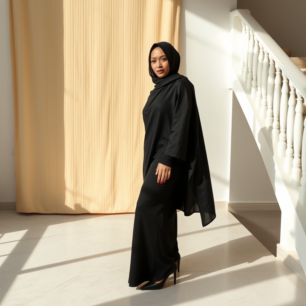 A woman wearing a traditional black chador that elegantly covers her head and body