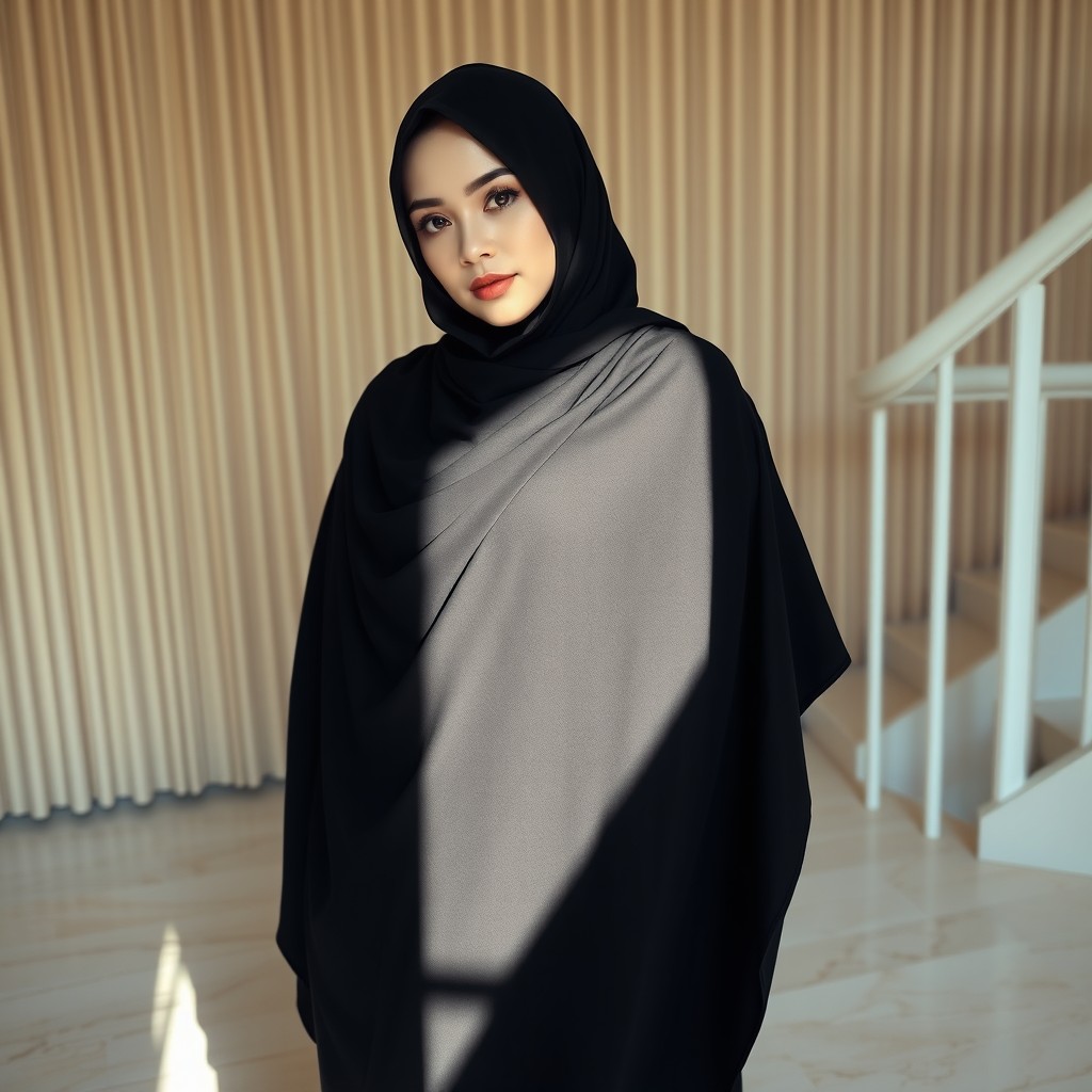 A woman wearing a traditional black chador that gracefully covers her head and body