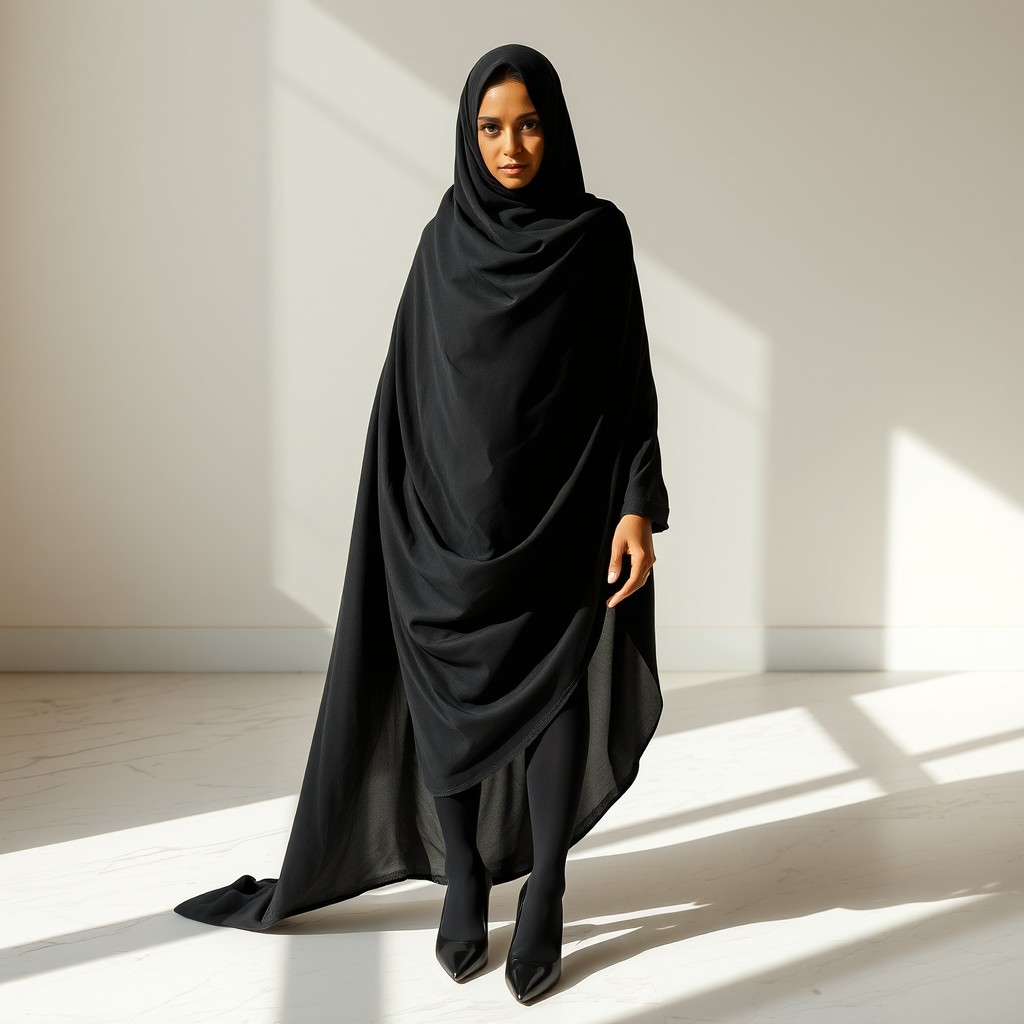 A woman dressed in a traditional black chador that gracefully covers her head and body