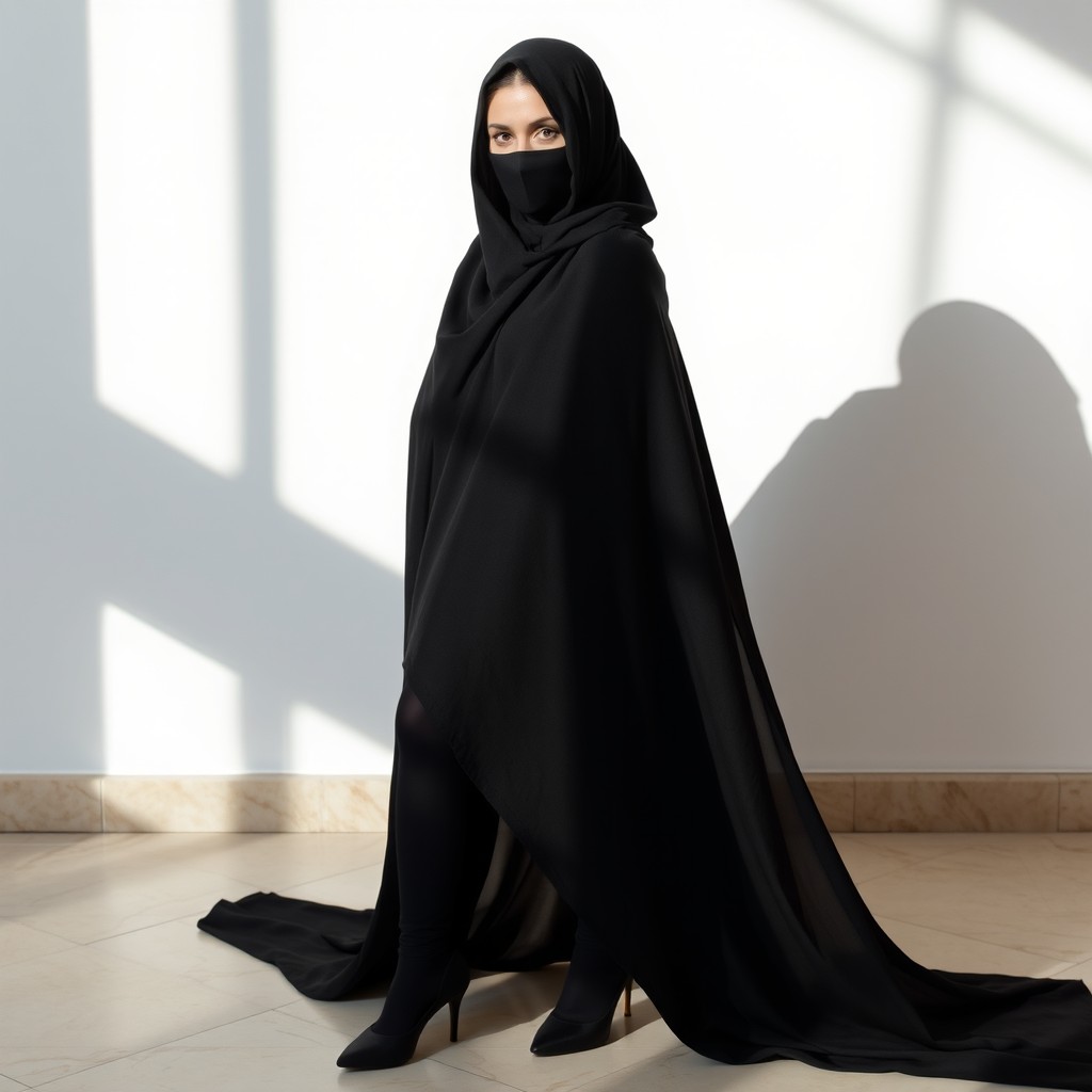 A woman dressed in a traditional black chador that covers her head and body