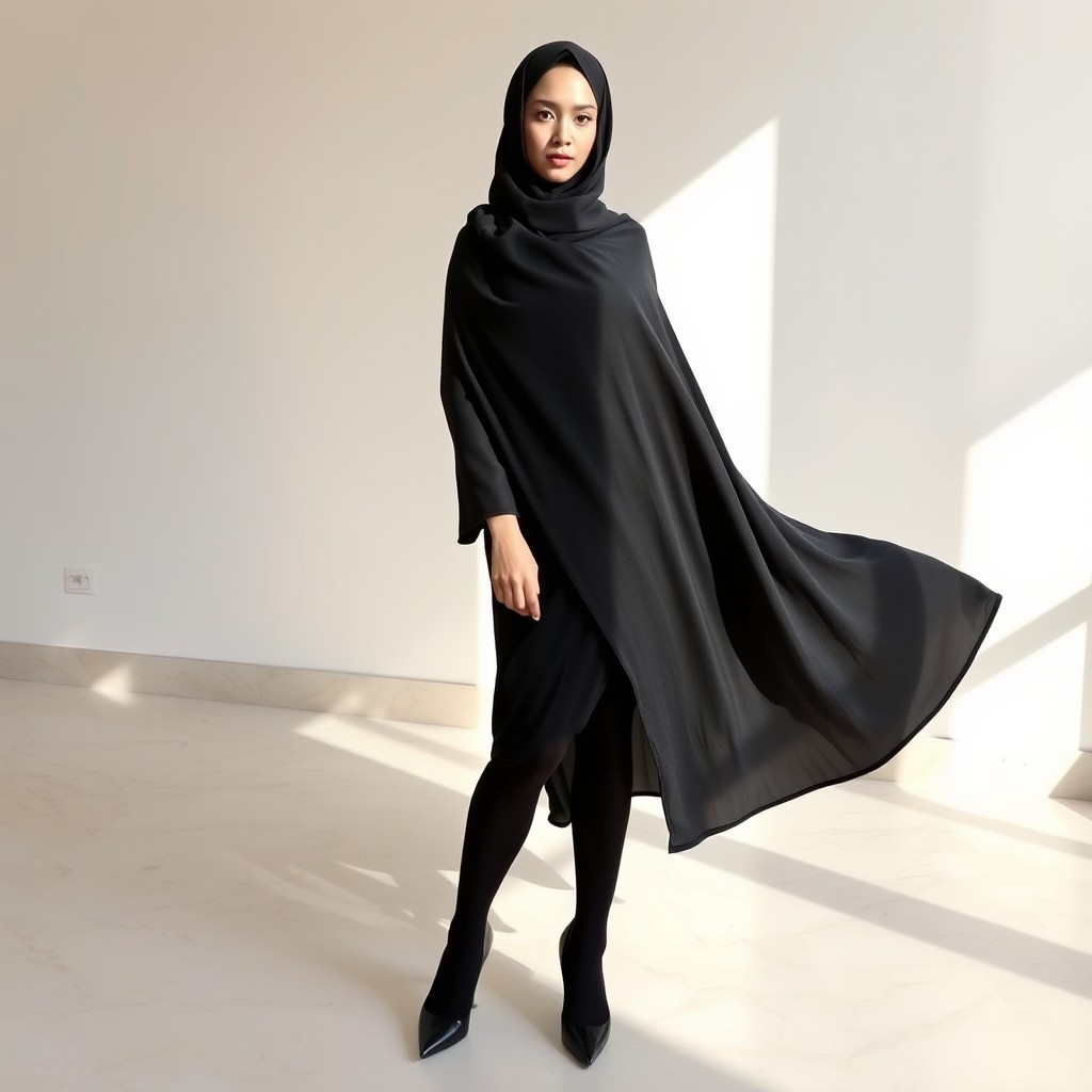 A woman dressed in a traditional black chador that elegantly covers her head and body