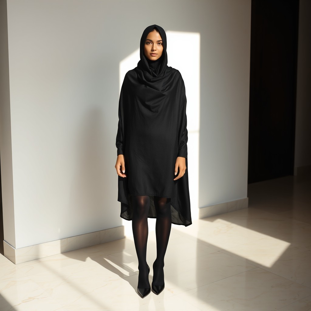 A woman dressed in a traditional black chadori that fully envelops her head and body, paired with stylish black tights and chic black high heels
