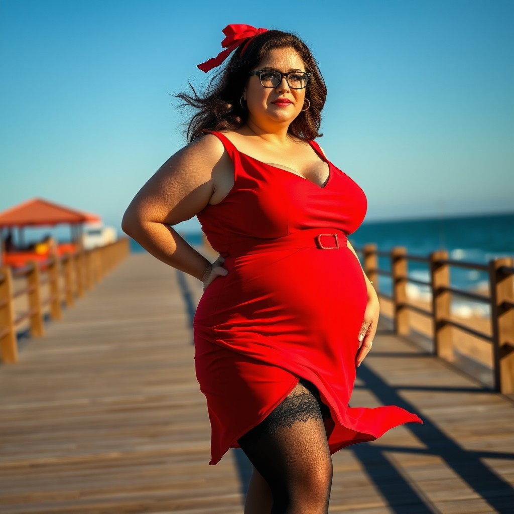 A realistic and very curvy European woman standing on a wooden promenade by the seaside during daytime under a bright blue sky
