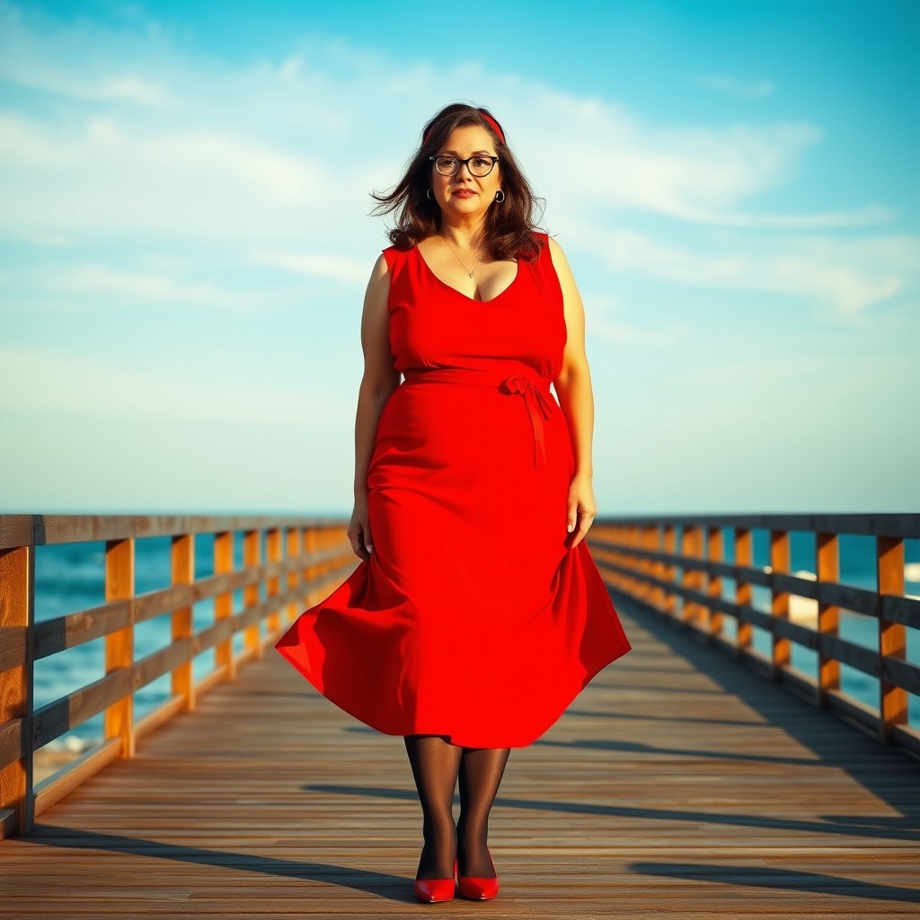 A realistic and very curvy European woman standing on a wooden promenade by the seaside during daytime under a bright blue sky