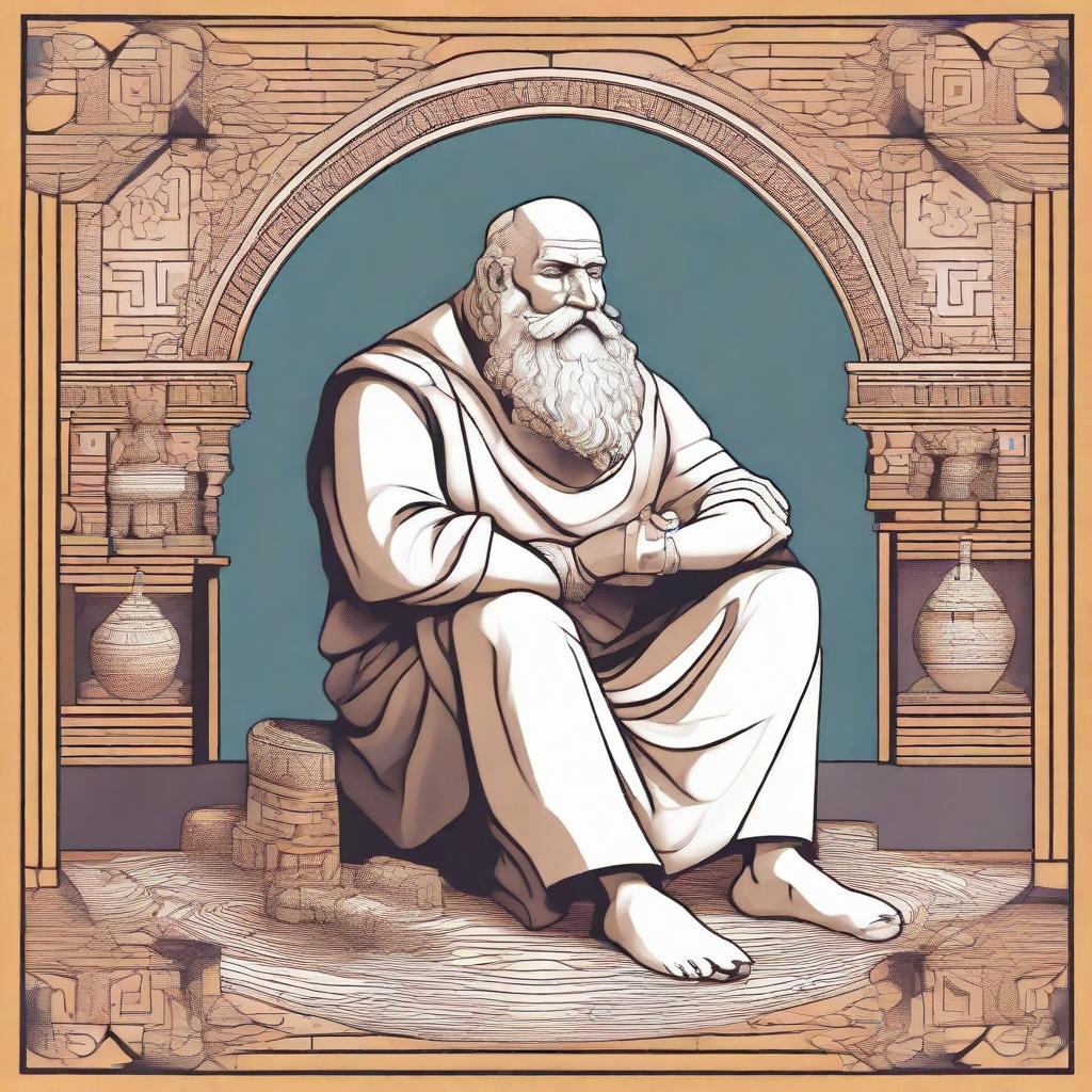 An animated-style representation of Archimedes sitting casually on the floor, amidst intricate geometric designs.