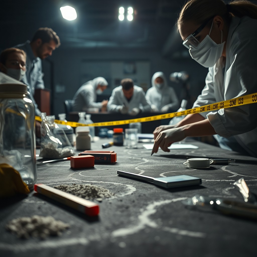 A dynamic crime scene investigation setup featuring forensic experts analyzing evidence under bright lights