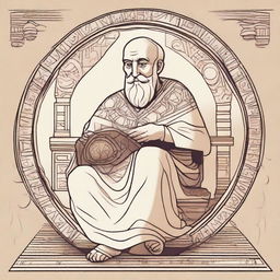 An animated-style representation of Archimedes sitting casually on the floor, amidst intricate geometric designs.