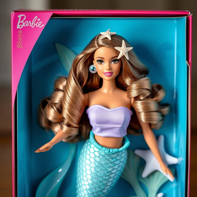 A captivating Barbie mermaid doll with light brown hair and a beautiful tan complexion
