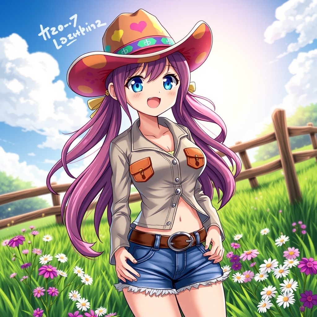 A vibrant anime cowgirl character, featuring long flowing hair styled in pigtails, wearing a stylish cowboy hat adorned with colorful patterns