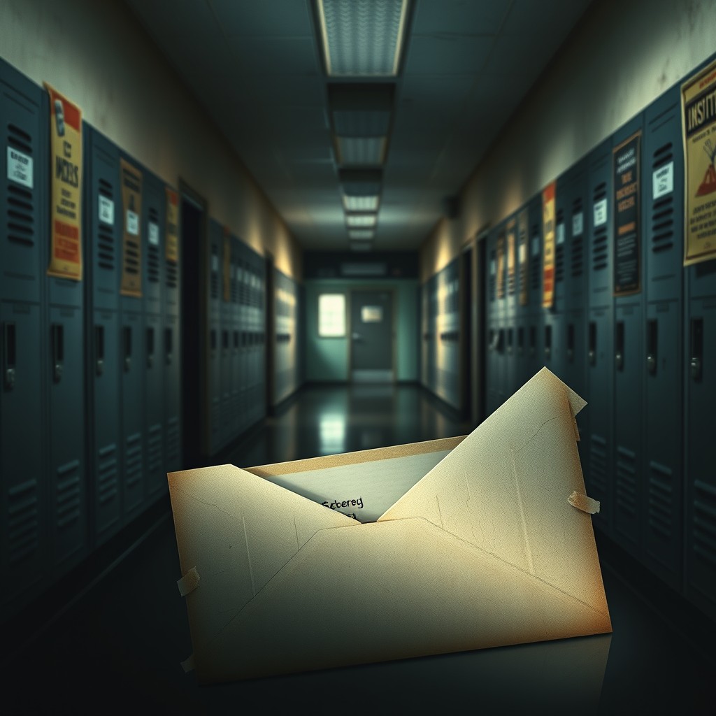 A movie poster depicting a mysterious scene in a high school setting without any people