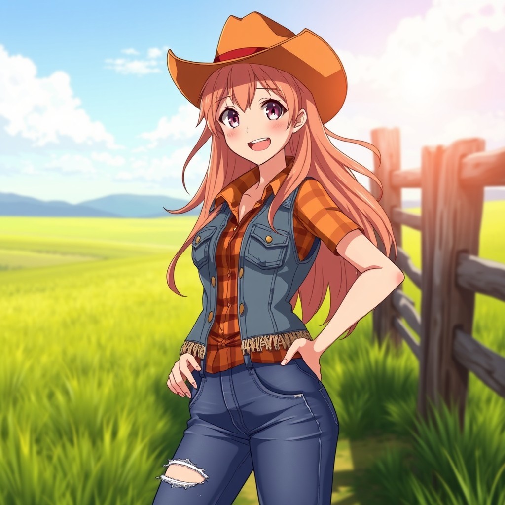 A vibrant and energetic anime cowgirl in her 20s, showcasing her adventurous spirit and charm