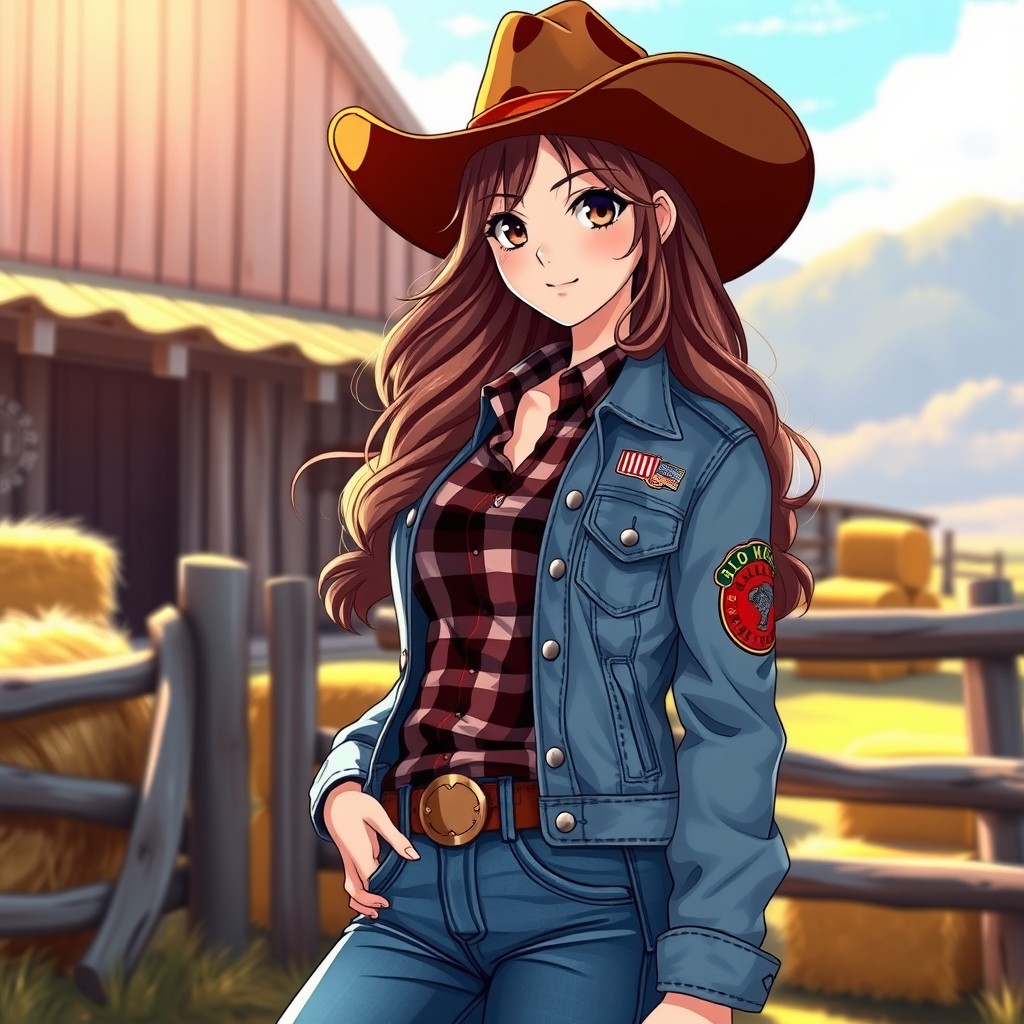 A young adult anime cowgirl character in her 20s, featuring long, flowing hair styled in waves