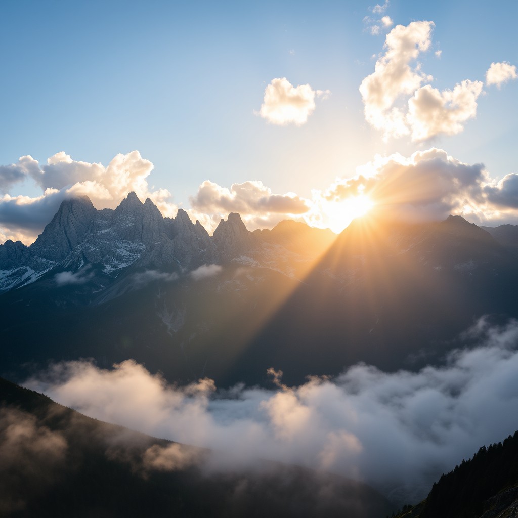 A breathtaking landscape featuring a serene sunrise behind majestic mountains