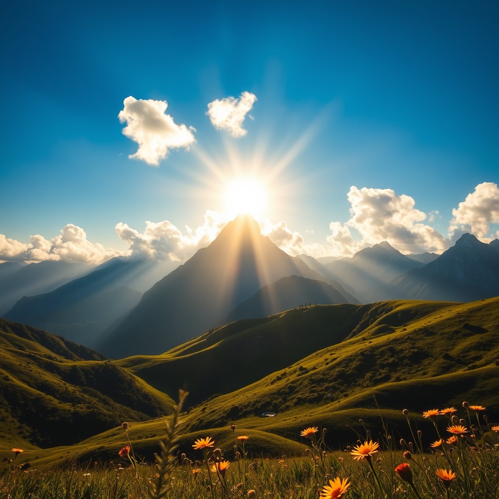 A breathtaking landscape featuring golden sunshine breaking through fluffy white clouds over majestic mountains