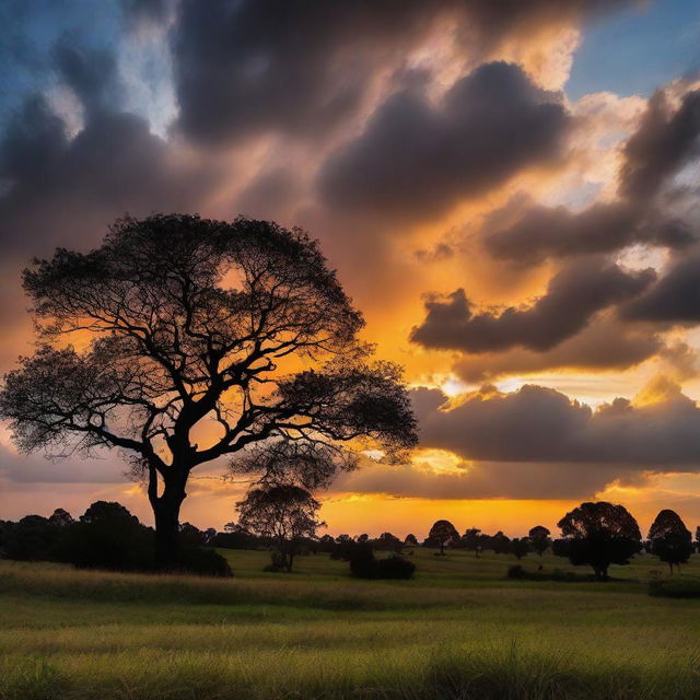 A majestic sunset with a sky filled with dramatic clouds and silhouette of trees