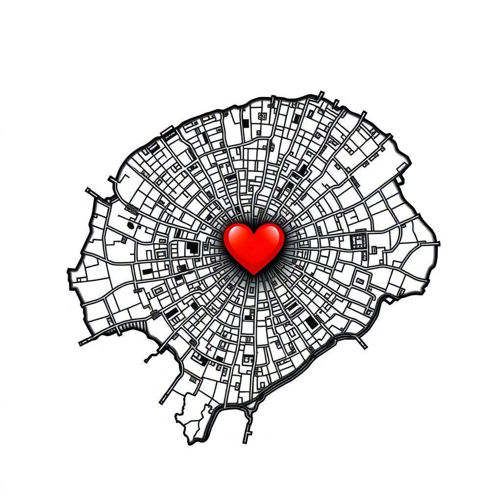 A tattoo design featuring a map of Lisbon with a heart symbol located in the Alvalade district