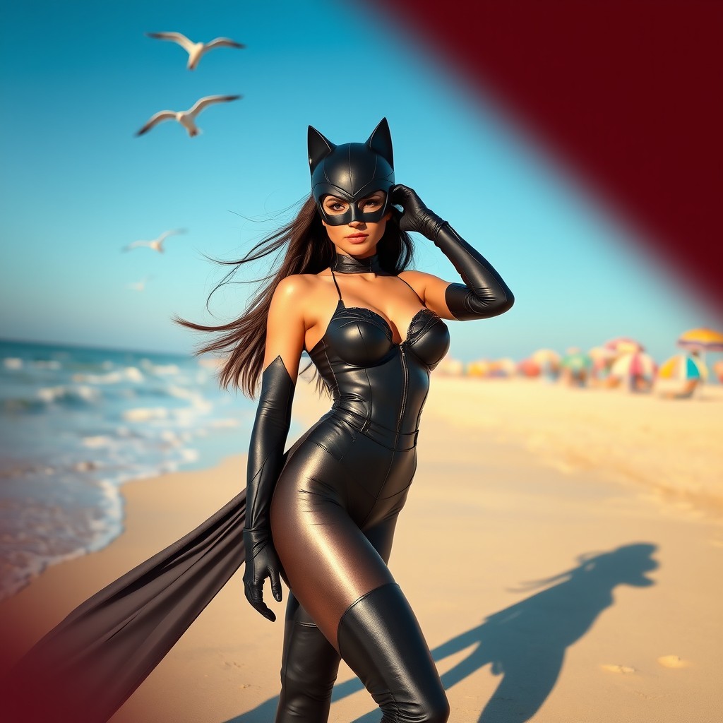 A stunning female character dressed as Catwoman, standing elegantly on a sunny beach