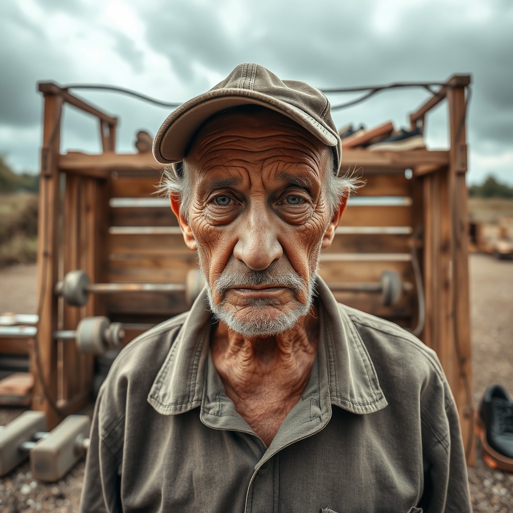 A sad grandpa standing in front of a makeshift gym he built out of unconventional materials