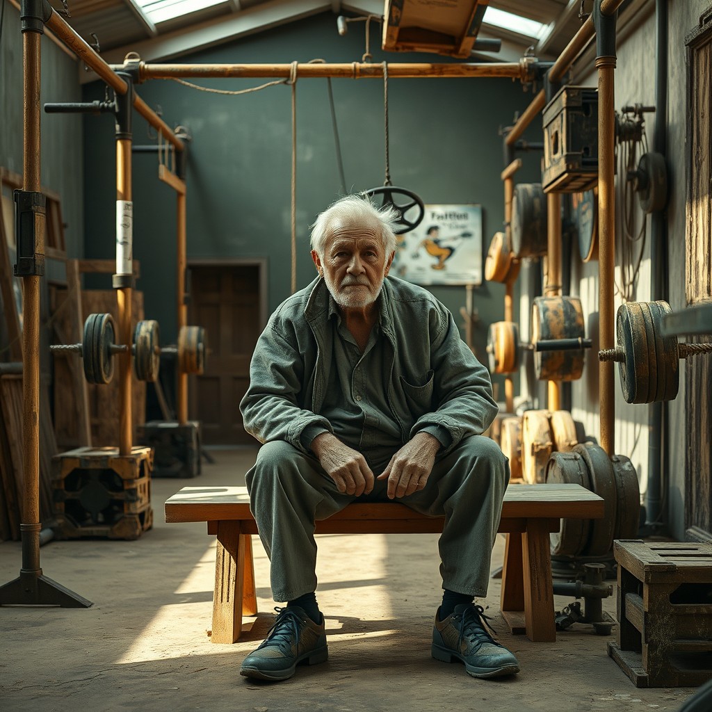 A melancholy elderly man, dressed in worn-out clothing, sitting on a bench inside a uniquely constructed gym made from unusual materials