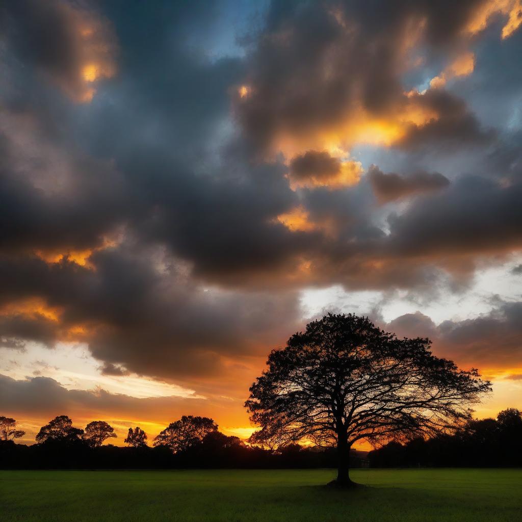 A majestic sunset with a sky filled with dramatic clouds and silhouette of trees