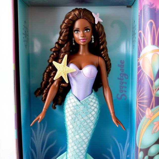 An enchanting adult Barbie mermaid doll with long light brown curly hair, radiant dark skin, and captivating brown eyes