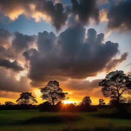 A majestic sunset with a sky filled with dramatic clouds and silhouette of trees