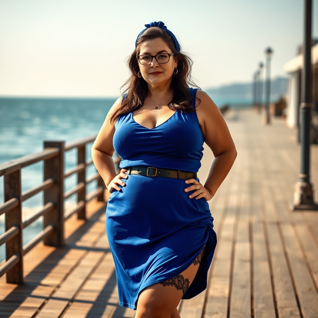 A very curvy and realistic European woman standing on a wooden promenade by the seaside on a sunny day