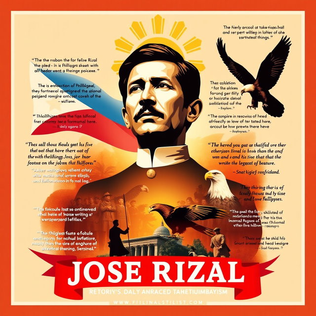 A visually striking poster design that prominently features an image of Jose Rizal as the central figure