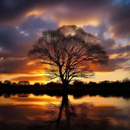 A majestic sunset with a sky filled with dramatic clouds and silhouette of trees