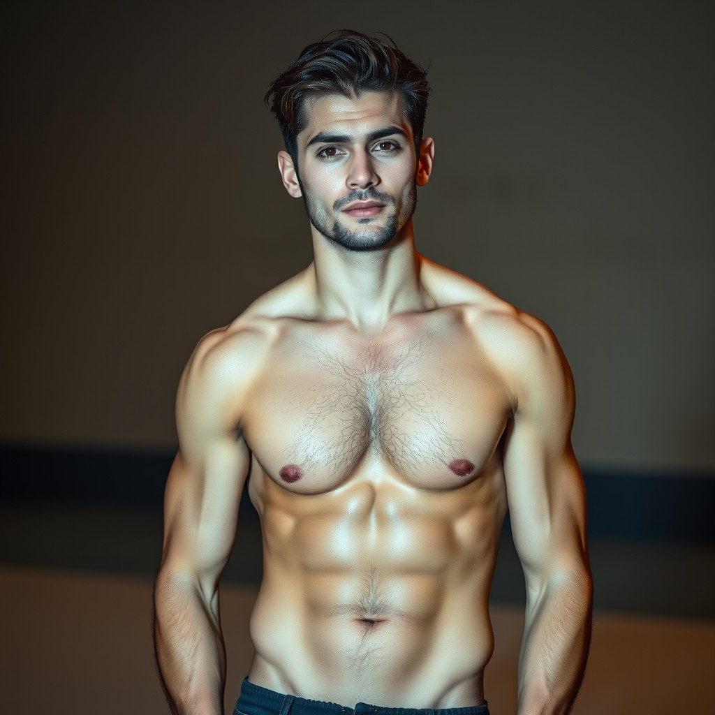 A stunning portrait of an attractive adult male figure showcasing prominent body hair, exuding confidence and masculinity
