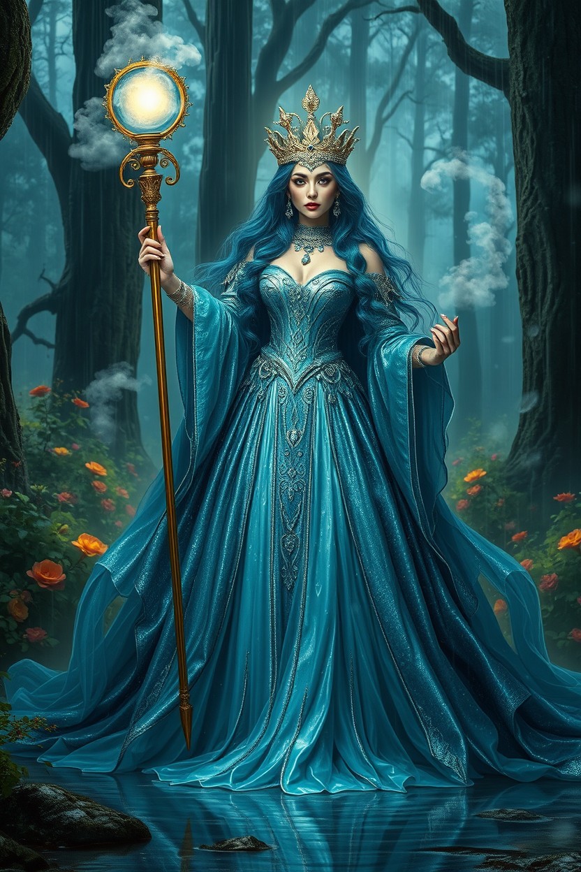 A regal and mystical empress in a grand, rain-soaked landscape