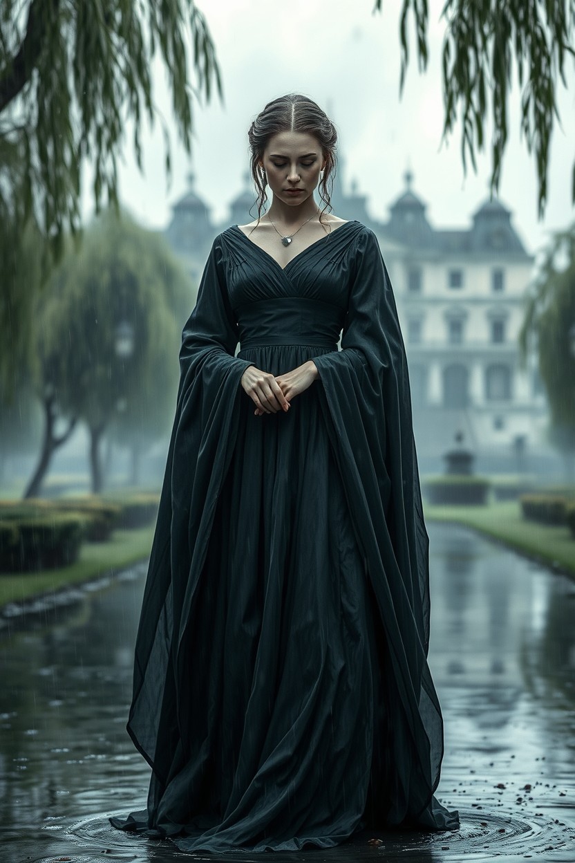 A melancholic empress standing in the rain, her elegant gown drenched and flowing around her